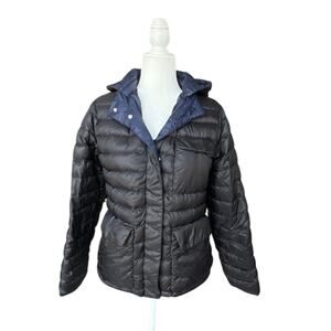 Athleta Black/Blue Puffer Jacket Women's Size M Removeable Hood Inside Pockets